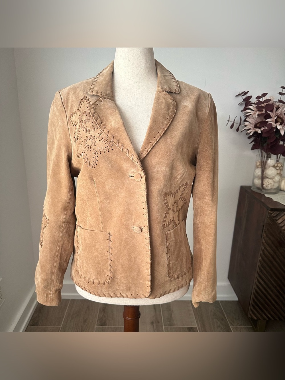 Coldwater Creek Women's Suede Boho Western Button Blazer Jacket - Tan